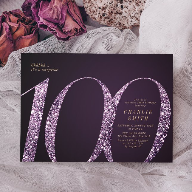Modern minimalistisk lila glitter 100-årsdag inbjudningar (Modern minimalist purple glitter 100th birthday invitation)