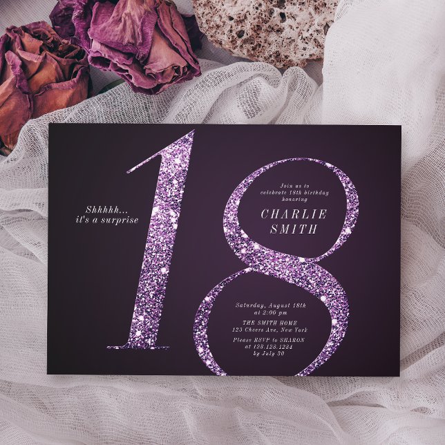 Modern minimalistisk lila glitter 18-årsdag inbjudningar (Modern minimalist purple glitter 18th birthday invitation)
