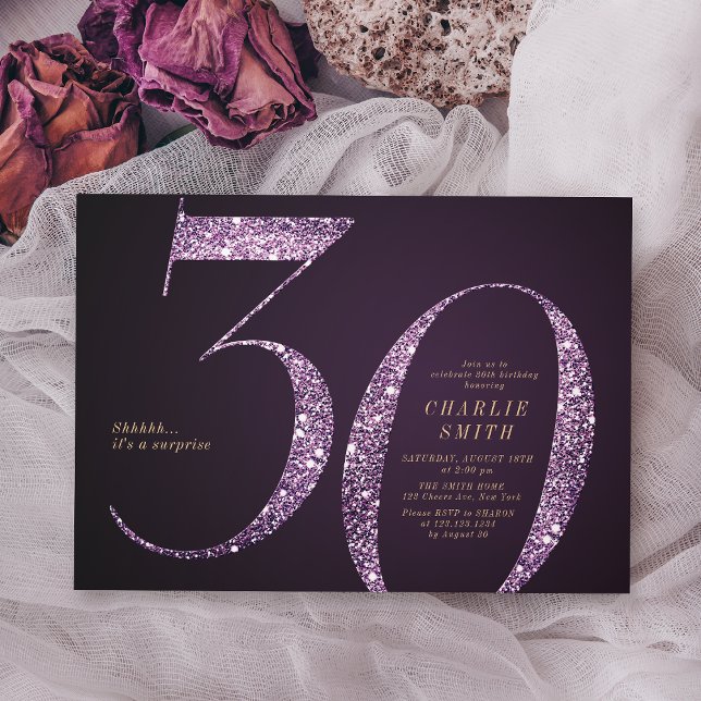 Modern minimalistisk lila glitter 30års födelsedag inbjudningar (Modern minimalist purple glitter 30th birthday invitation)