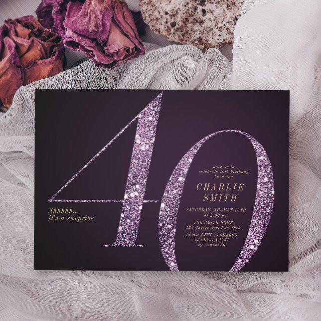 Modern minimalistisk lila glitter 40-årsdag inbjudningar (Modern minimalist purple glitter 40th birthday invitation)
