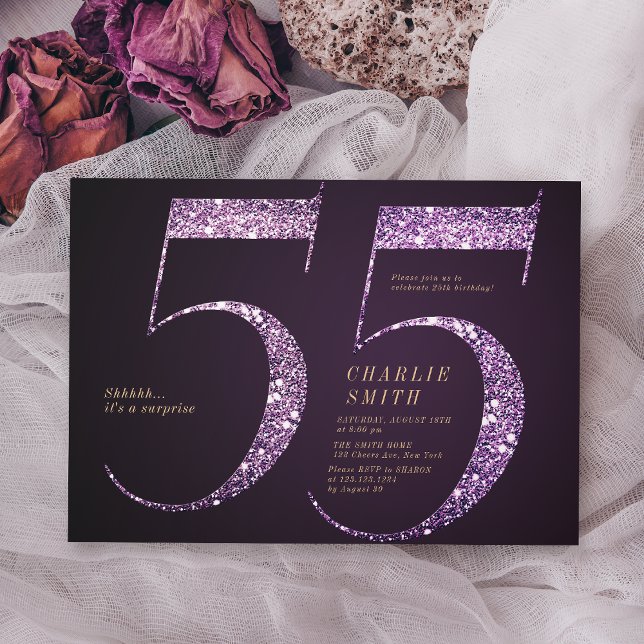 Modern minimalistisk lila glitter 55-årsdag inbjudningar (Modern minimalist purple glitter 55th birthday invitation)