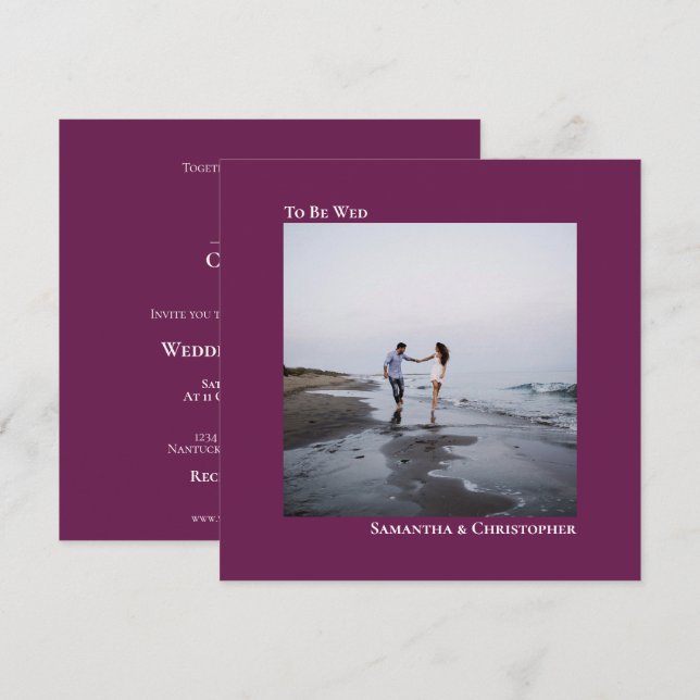 Modern minimalistisk Magenta Square Photo Bröllop Inbjudningar (Fram/baksida)