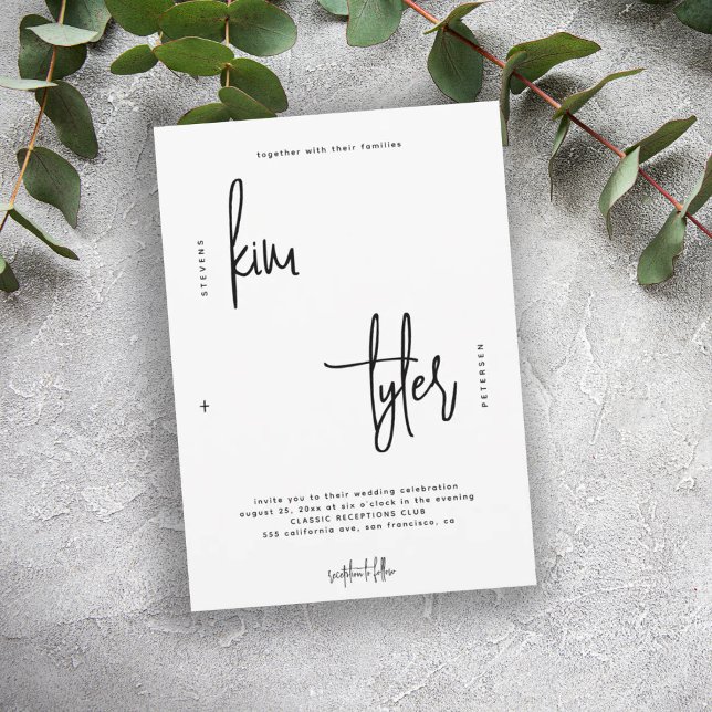 Modern minimalistisk manus svart och vitt bröllop inbjudningar (Skapare uppladdad)