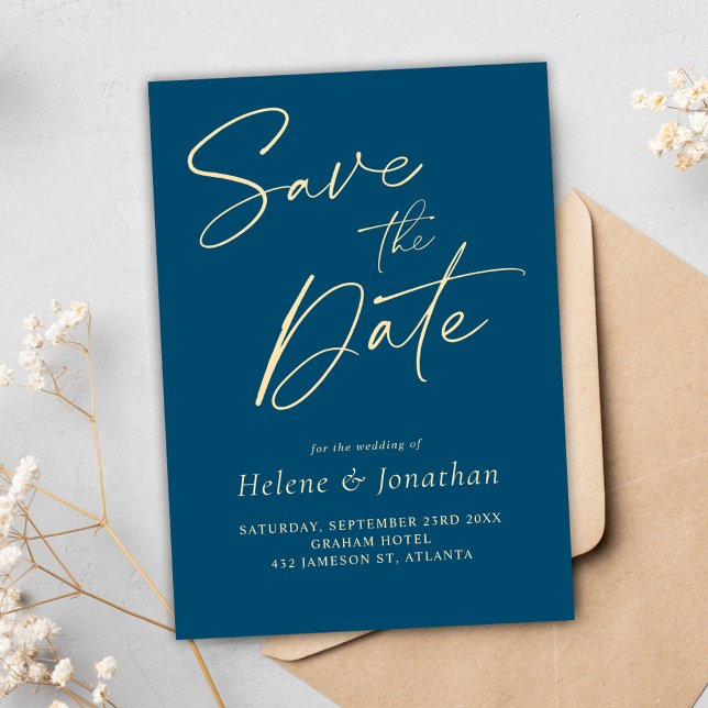 Modern minimalistisk marin blå Elegant bröllop Spara Datumet (Modern Minimalist Indigo Blue Elegant Wedding Save The Date)