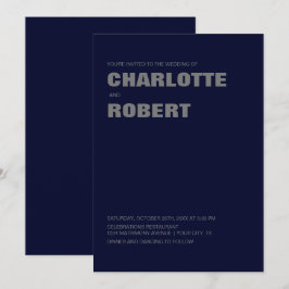 Modern minimalistisk marin blå Grått Bröllop Inbjudningar