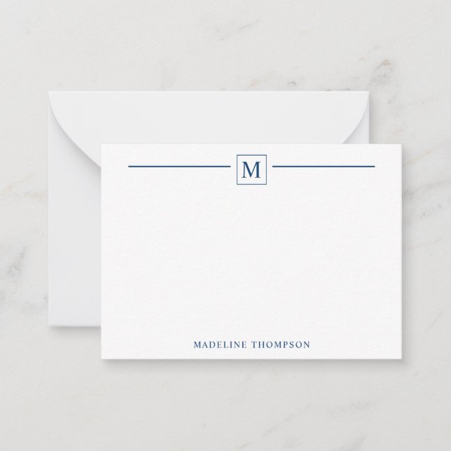 Modern minimalistisk marin blå monogramruta anteckningskort (Framsida)