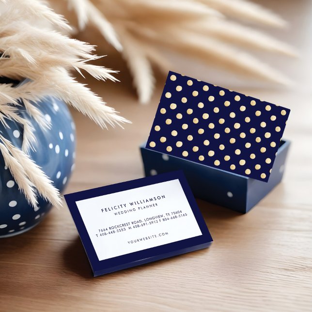 Modern minimalistisk marin blå och Guld-polkadot Visitkort (Modern Minimalistic Navy Blue & Gold Polka Dot Business Card)