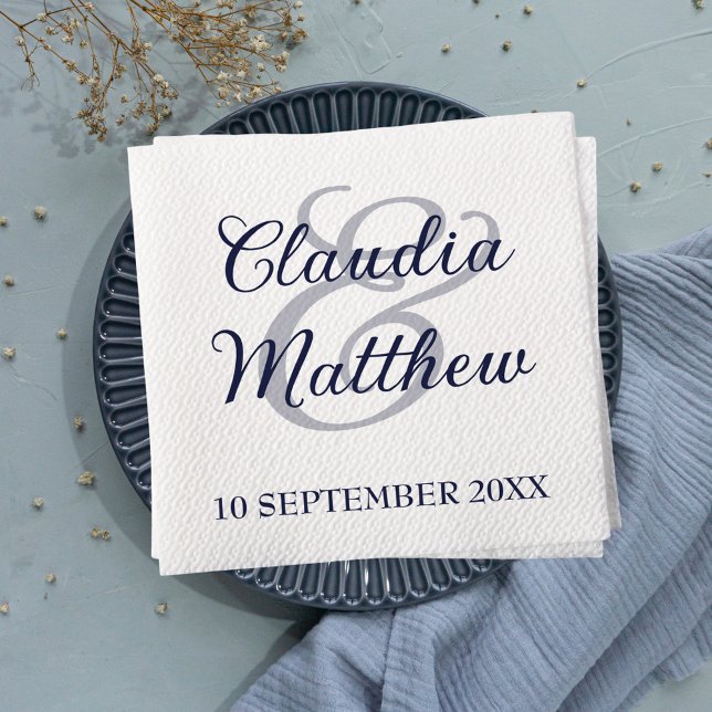 Modern minimalistisk marin blå skrift Bröllop Pappersservett (Modern Minimalist Navy Blue Script Wedding Napkins)