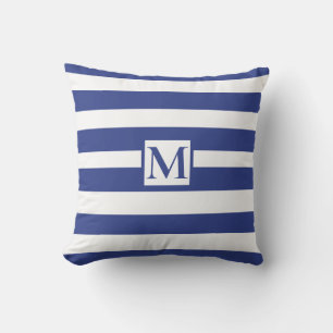 Modern minimalistisk marin, blå, vit remsmonogram kudde