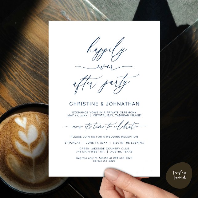 Modern minimalistisk, marinblå, vigsel utan familj inbjudningar (Wedding Happily Ever After Party Dinner Brunch Elopement Invitation Card, PDF, Navy Blue)