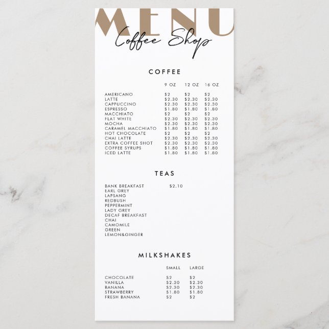 Modern minimalistisk meny för kafé (Framsida)