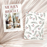 Modern, minimalistisk merry och ljus fyra foto julkort<br><div class="desc">Ett kort för helgdag av elegant och chic med en skriptbokstav som säger "merry and bright" och fyra foton på anpassadet längst fram med vattenfärgskörsbär och löv mönster längst bak. Perfekt som ett personlig julkort för att skicka helgdag till din familj,  vänner och nära.</div>