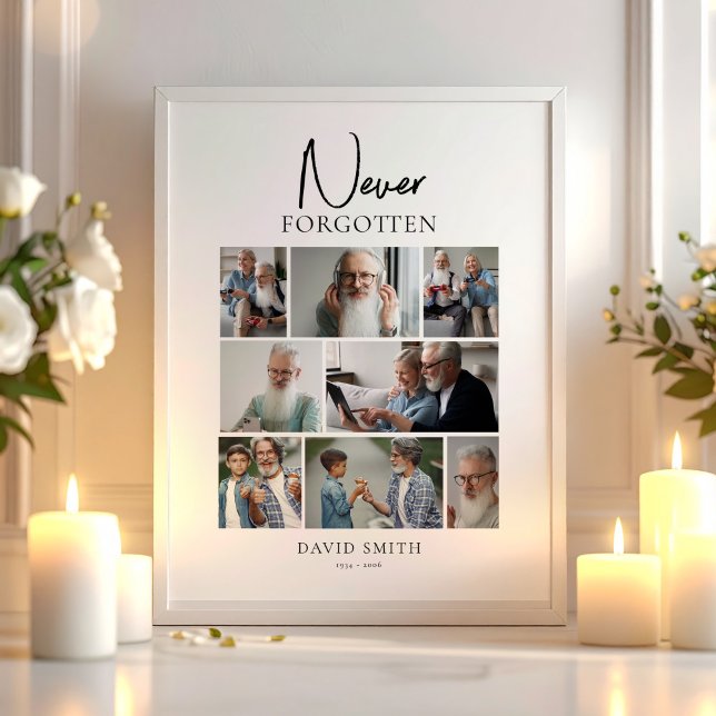 Modern minimalistisk minnesvägg med anpassad fotok poster (Funeral Memorial Minimalist Custom Photo Collage Poster, loss of Loved One)