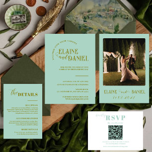 Modern Minimalistisk Mint-Grönt, foto Bröllop Inbjudningar
