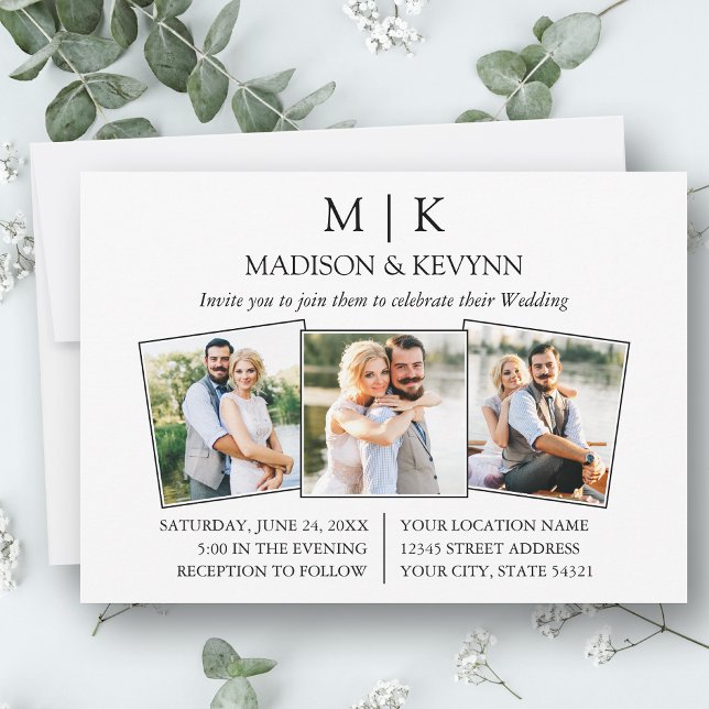 Modern minimalistisk monogram 3 foto Bröllop Inbjudningar (Customize to change text size or text style.)