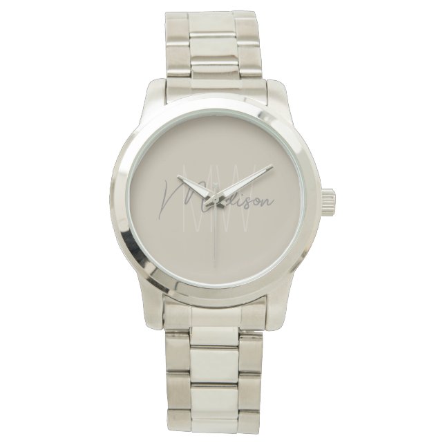 Modern minimalistisk monogram beige scriptnamn armbandsur (Framsida)