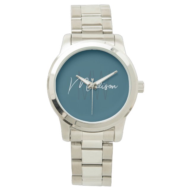 Modern minimalistisk monogram blå skrivstil namn armbandsur (Framsida)