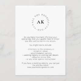 Modern minimalistisk Monogram Bröllop Initialer Tilläggskort