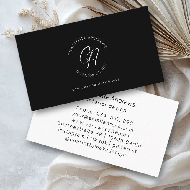 Modern, minimalistisk, monogram, logotyp, cirkel,  visitkort (Modern, minimalist, monogram, logo, circle, black business card)