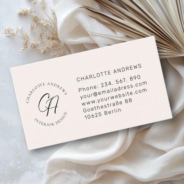 Modern, minimalistisk, monogram, logotyp, cirkel,  visitkort (Modern, minimalist, monogram, logo, circle, beige business card)