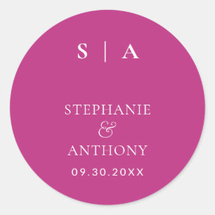 Modern minimalistisk monogram Magenta, vitt bröllo Runt Klistermärke