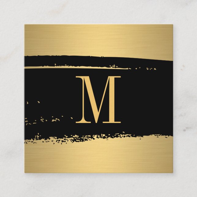 Modern minimalistisk Monogram på Black/Guld Brushe Fyrkantigt Visitkort (Framsida)