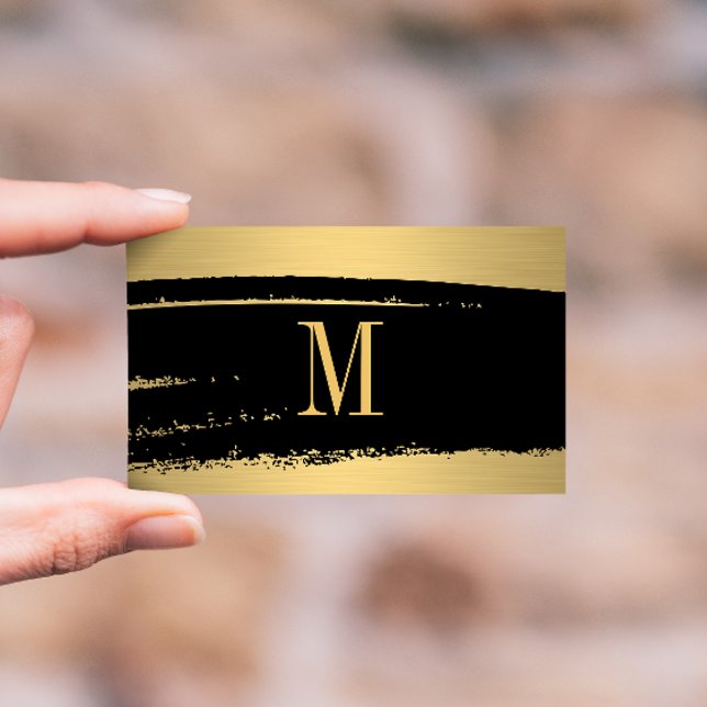 Modern minimalistisk Monogram på Black/Guld Brushe Visitkort (Skapare uppladdad)