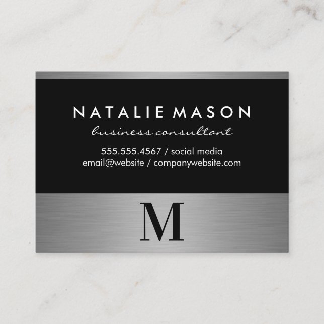 Modern minimalistisk Monogram på Black Silver Trim Visitkort (Framsida)