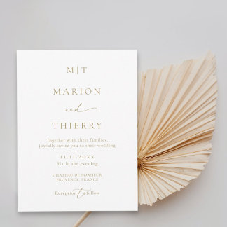 Modern minimalistisk monogram vit bröllop inbjudningar