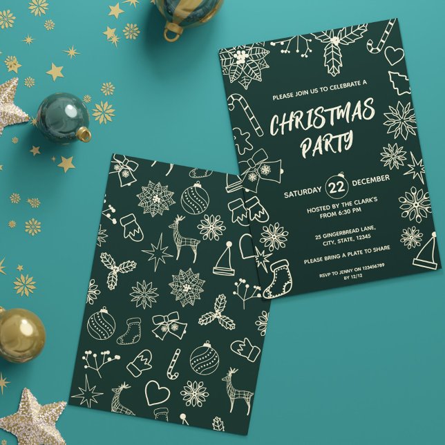Modern minimalistisk Mörk grönt och Guld Elegant J Inbjudningar (Modern Minimalist Dark Green and Gold Elegant Xmas Invitation)