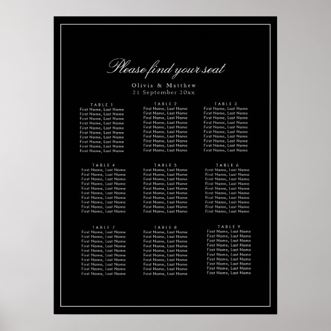 Modern Minimalistisk mörk Svart Bröllops Sittplats Poster (Framsidan)