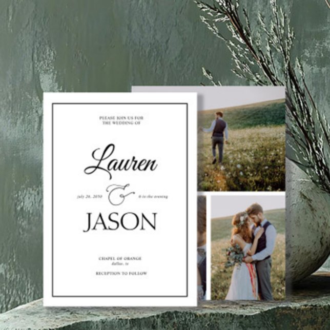 Modern minimalistisk Namn Calligraphy Black 3 Phot Inbjudningar (Skapare uppladdad)