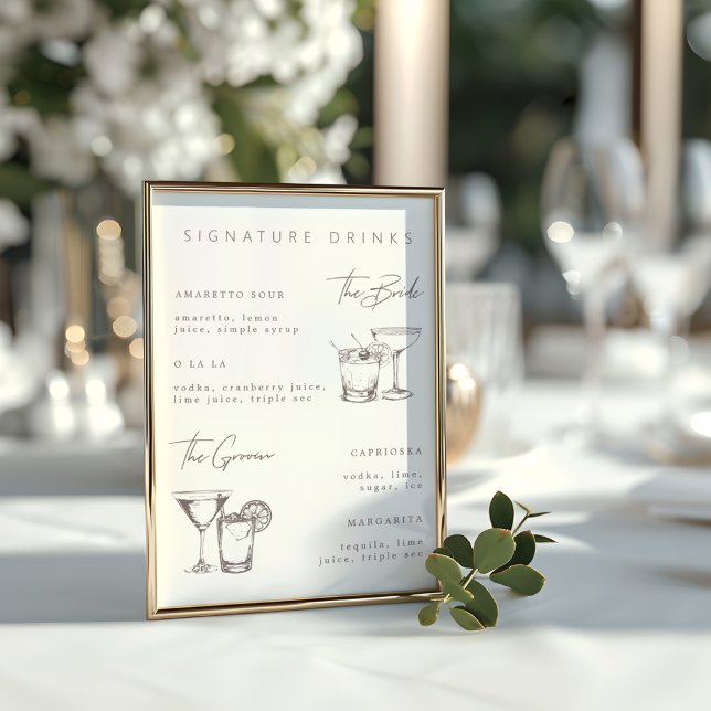 Modern minimalistisk Namnteckning Drinks Bröllop M Poster (Modern Minimalist Signature Drinks Wedding Menu Poster)