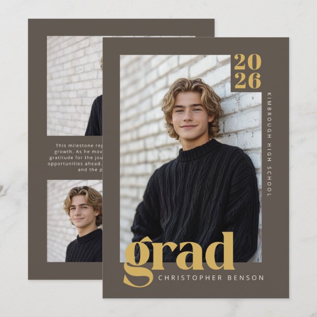 Modern Minimalistisk Neutral Brun Guld Foto Examen Inbjudningar (Fram/baksida)