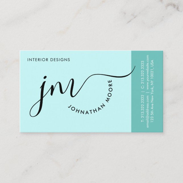 Modern Minimalistisk Pastel Blue Script Monogram Visitkort (Framsida)