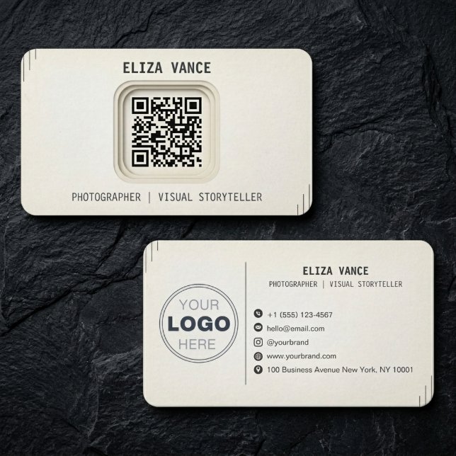 Modern Minimalistisk QR-kod Fotograf Visitkort (Modern QR Code Business Card for Photographers | Link Your Portfolio Instantly)