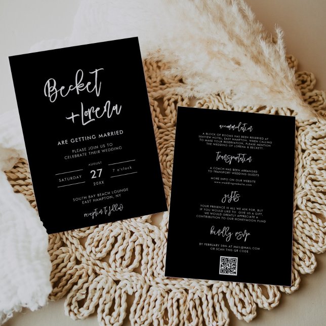 Modern minimalistisk QR-kod och detaljer svart brö Inbjudningar (Modern minimalist QR code & details black wedding Invitation)
