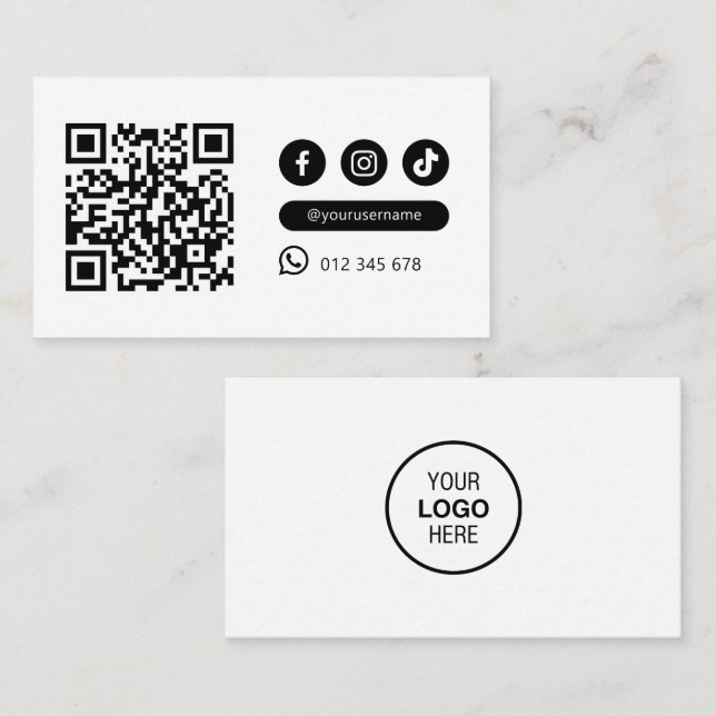 Modern minimalistisk QR-kod Social Media Black Whi Visitkort (Fram/baksida)