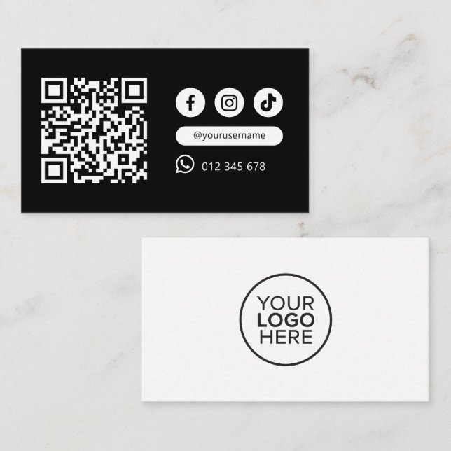 Modern minimalistisk QR-kod Social Media Black Whi Visitkort (Fram/baksida)