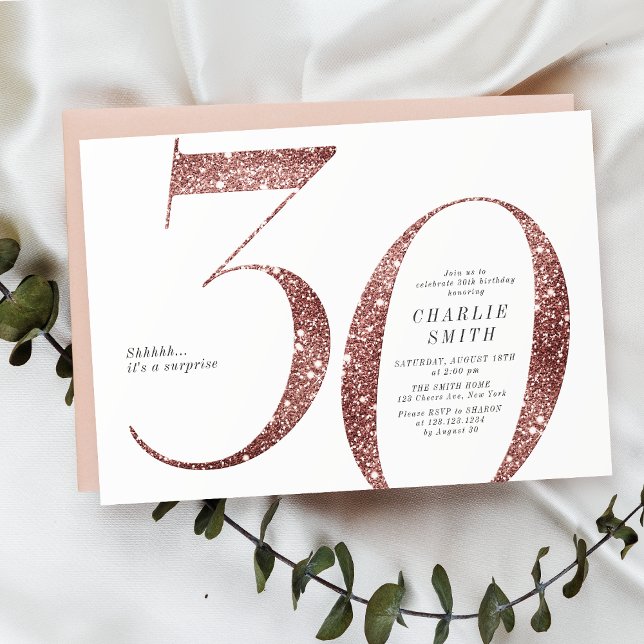 Modern minimalistisk ro guld glitter 30års födelse inbjudningar (Modern minimalist rose gold glitter 30th birthday invitation)