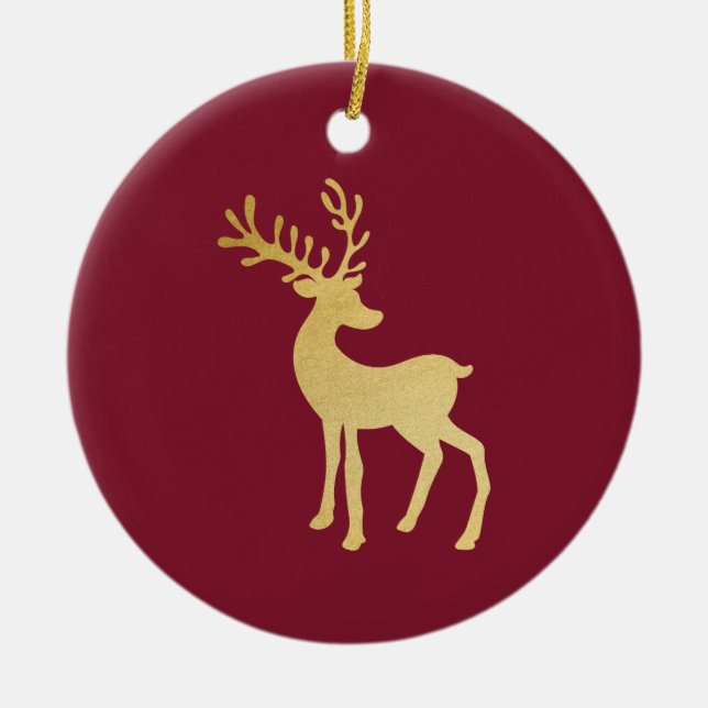 Modern minimalistisk röd och gyllene renska jul julgransprydnad keramik (Framsidan)