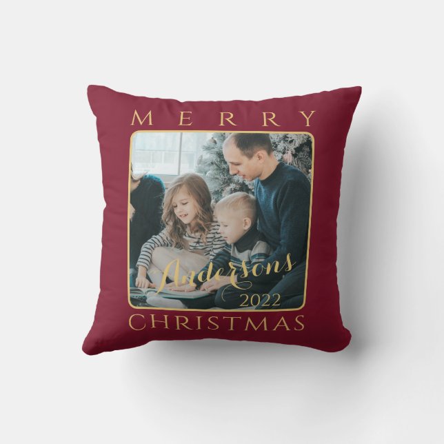 Modern minimalistisk röd och gyllene renska jul kudde (Baksida)