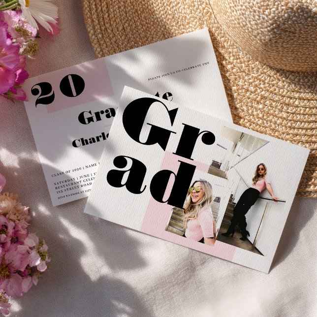 Modern minimalistisk rosa 2 foton studenten inbjudningar (Modern minimalist pink 2 photos graduation invitation)