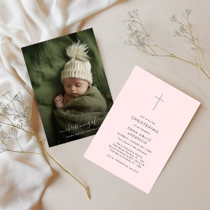 Modern minimalistisk Rosa Flicka Christening Photo Inbjudningar