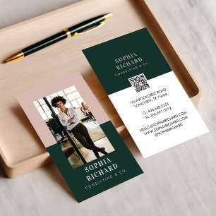 Modern Minimalistisk Rosa & Grön FöretagFoto QR-ko Visitkort