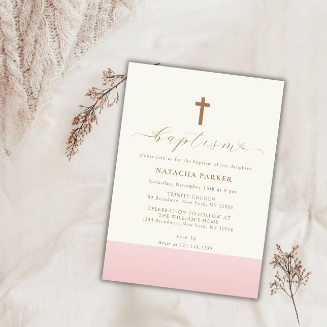 Modern minimalistisk Rosa Guld Kor-baptism Inbjudningar (Modern Minimalist Pink Gold Cross Baptism Invitation)