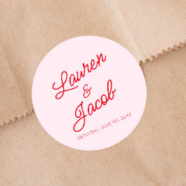 Modern minimalistisk Rosa och Röda Bröllop Runt Klistermärke