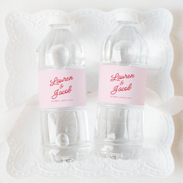 Modern minimalistisk Rosa och Röda Bröllop Vattenflaskor Etikett (Skapare uppladdad)