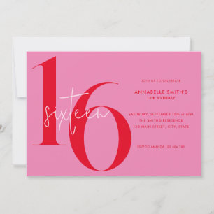 Modern minimalistisk Rosa Red 16:e födelsedag Inbjudningar