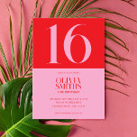 Modern minimalistisk Rosa Red 16:e födelsedag Inbjudningar<br><div class="desc">Modern minimalistisk inbjudan på 16:e födelsedag med enkel design med typografi av chicen elegant i rosa och röd färg.</div>